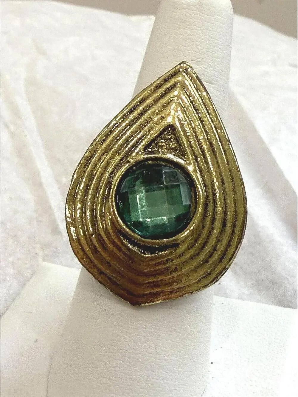 Vintage Gold Tone Teardrop Ring with Green Faceted Stone Adjustable